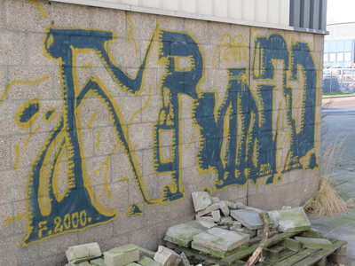829243 Afbeelding van een figuratieve graffititekst uit 2000, op de achterzijde van het Esso-benzinestation ...